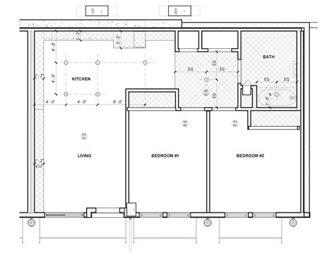 Floor plan for 2 beds, 1 bath, 841 sqft